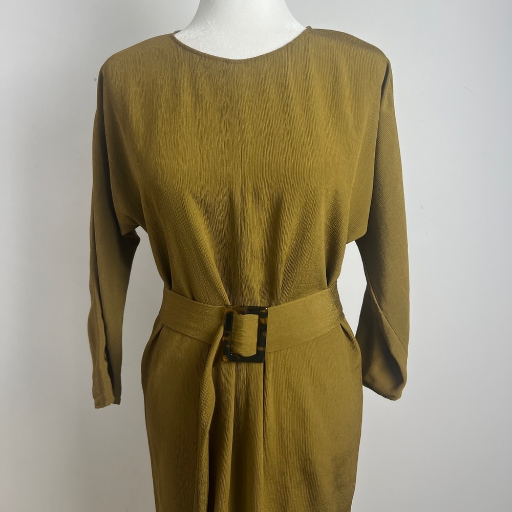 Massimo Dutti Size 4 Olive Green Chic Minimalist Textured Knee Length Dress‎ - Picture 2 of 9